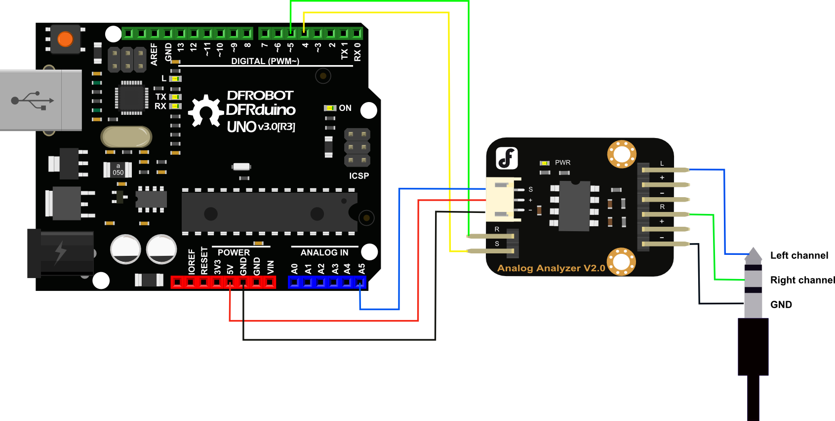 MSGEQ7 Audio Analyzer Module for Arduino, Connection Diagram